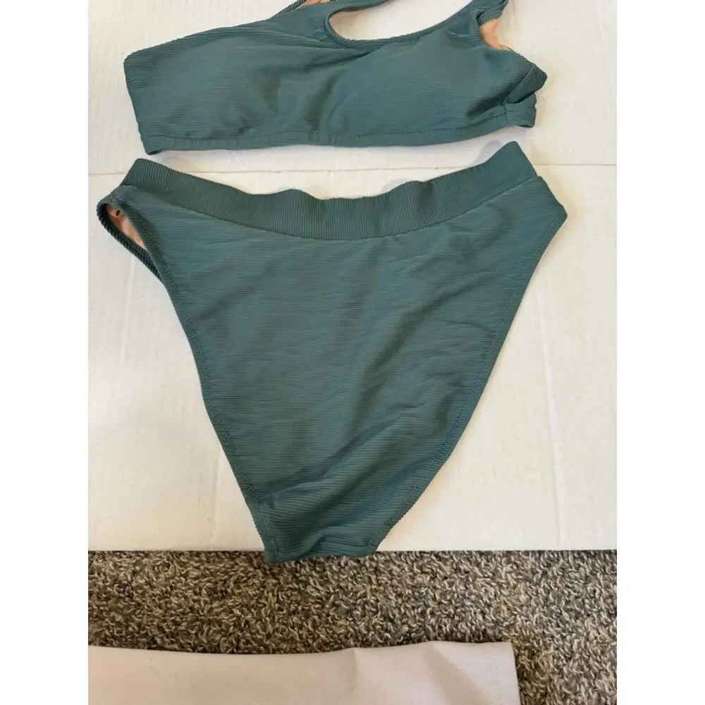J Crew Double Strap Bikini Sage Green Two Piece Set Womens S Cheeky Ribbed Swim